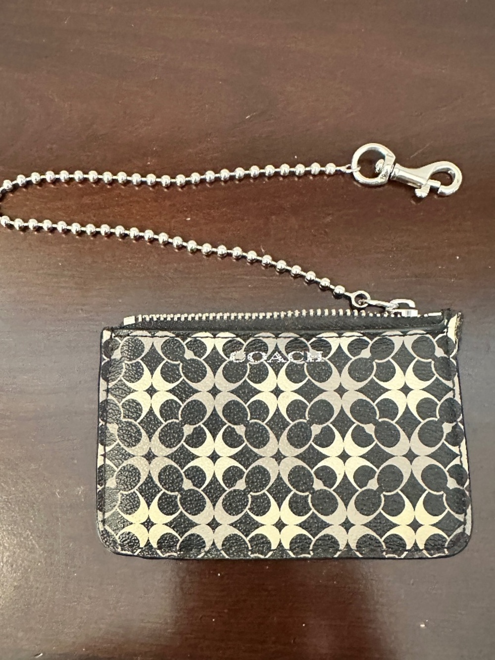 Coach Signature Logo Zip ID Card Holder Chain Leather Black Gray